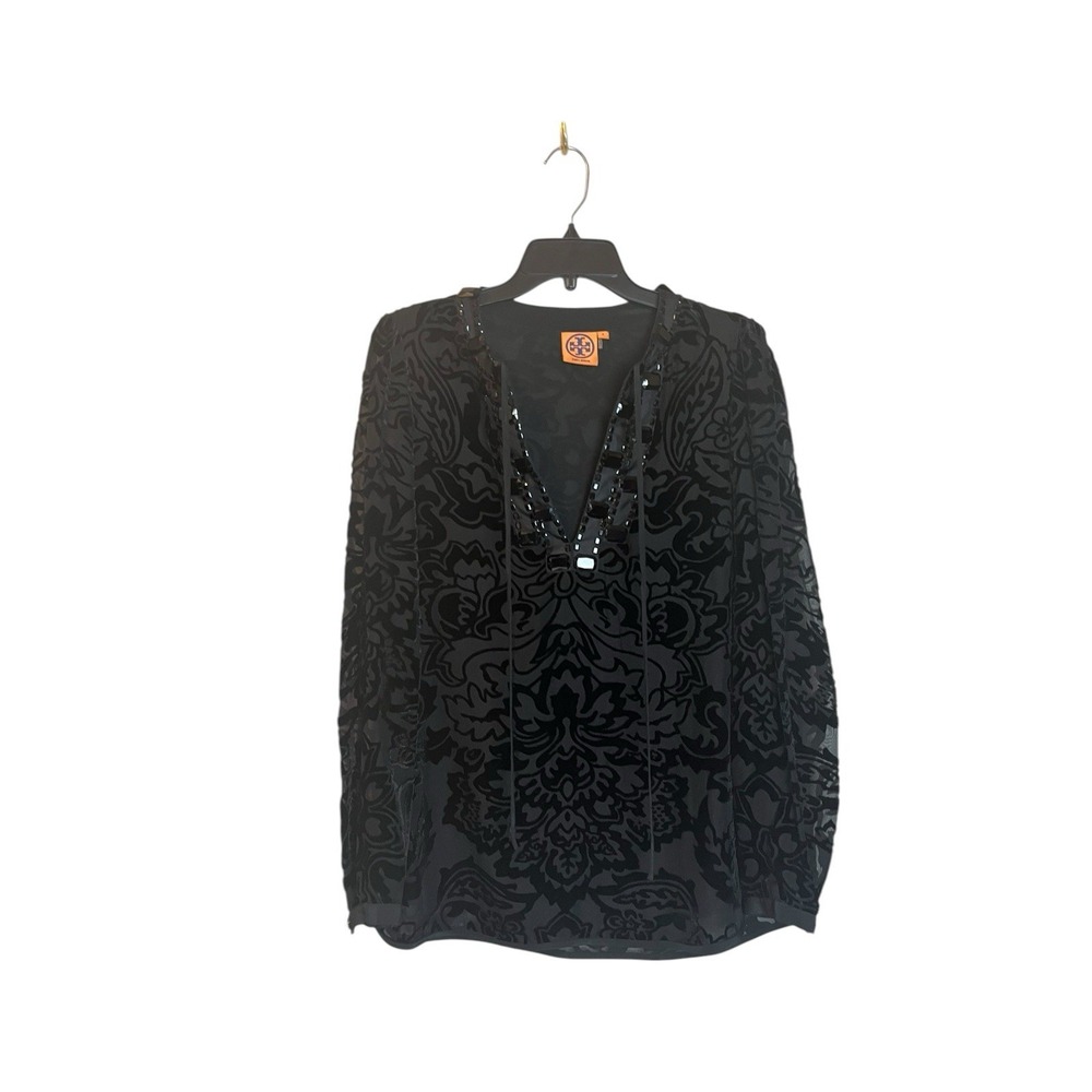 Tory Burch Auden Tunic Top Size 2 Black Tie-Neck Embellished Velvet Brocade